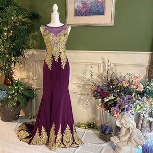 Long Grape purple with gold embroidery mermaid style dress